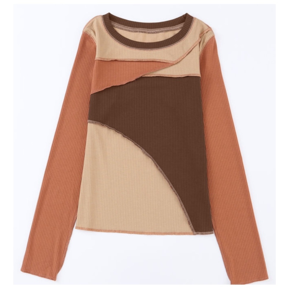 Boho Brown Exposed Seam Patchwork Color Block Ribbed Knit Top - Picture 4 of 9